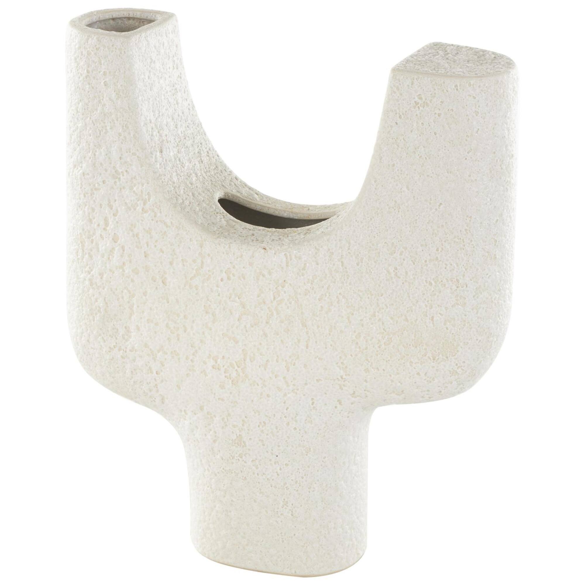 14" Speckled White Abstract Curved Ceramic Vase with Dual Openings